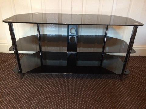 TV STAND BLACK GLASS, SCRATCH LESS GLASS CLEAN CONDITION, SIZE Width 105cm, Deep 45cm, Height 54cm