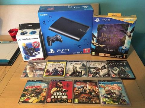 PlayStation PS3 Super Slim 12GB Boxed 2 Controllers, PS Move and Eye Camera 9 Games + Book of Spells