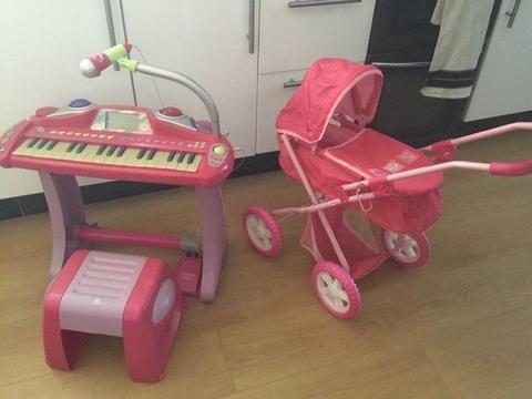 Early learning centre piano and stool and dolls pram