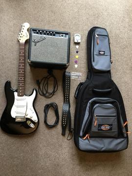 Fender Electric Guitar and Amplifier, Case and Extras