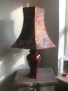 Burgundy lamp base and pattern shade both from John Lewis. Measures 2ft 7inch. Slight mark on base