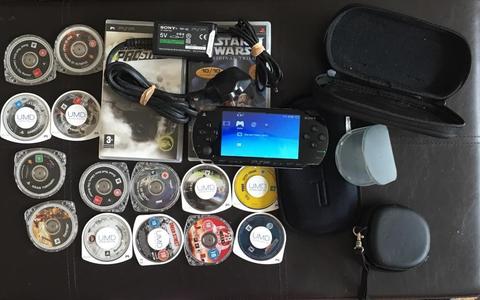 PSP, 14 games, 2 movies, charger & cases