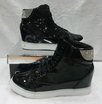 black sequin high top inner wedge trainers