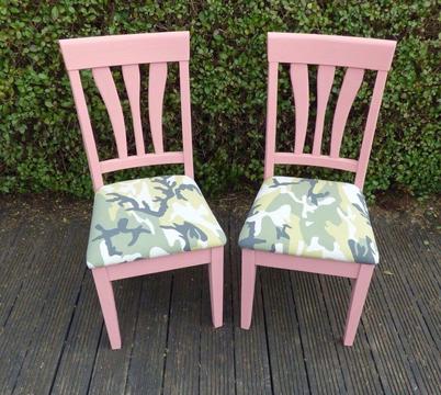 Pair Of Pink Dining Kitchen Chairs - Camouflage Seat Covers - Shabby Chic