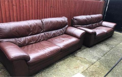 2 x large 3 seater brown leather sofas