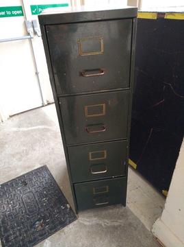 Very solid old metal filing cabinet. Ideal for garage/ upcycling