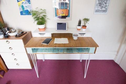 DIY refurbished wood desk - white, wood and blue