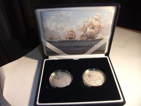 Set of 2 - SILVER Proof Nelson & Trafalgar £5 Coins - Boxed & with C.O.A