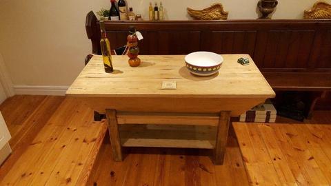 antique Victorian solid pine table, preparation bench with storage, country farmhouse item