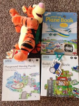 Usborne wind up plane book, 2 x M&S puzzles and Tigger toy with Rucksack £4