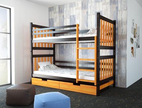Brown and orange bunk bed with storage drawers