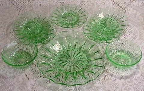 Green Depression Glass Plates and Bowls