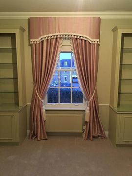 2 Pairs high quality silk curtains triple pleat with pelmets, rails + pulleys. 240cm H and 200cm W
