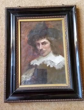 Antique oil painting in original ivory frame, listed artist, double sided painting