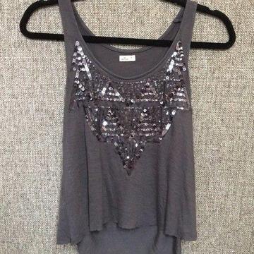 Hollister Grey Embellished Sequined Racer Back Tank Top Women Size Small