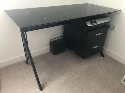Black Glass Computer Desk with Draws and Shelf