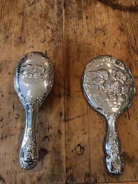Edwardian Silver Cherubs Hand Mirror and Edwardian Silver Cherubs Brush - Early 1900s
