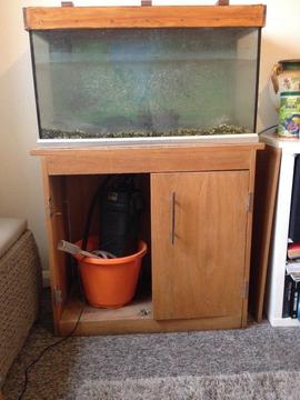 Fish tank and fluval filter pump, cabinet and a few accessories (food, books, buckets )