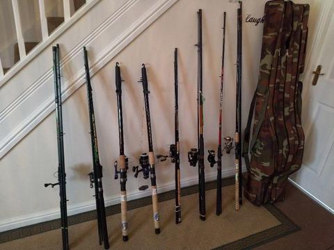 8 x Fishing Rods with Reels + BOX + accessories
