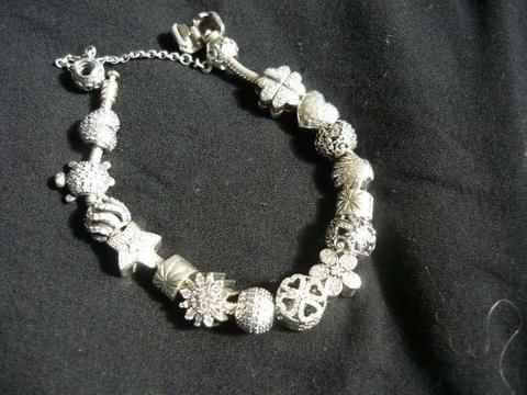 Pandora bracelet clips safety chain and 13 charms