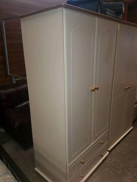 Cream and pine double door wardrobe with drawers