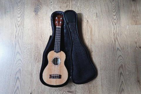 KALA SSTU TRAVEL SERIES SOPRANO UKULELE THIN LINE. Solid spruce top, Mahogany back and sides, & case