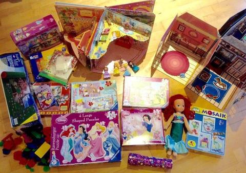 Girls toy bundle. Fold up doll houses, Disney princess puzzles, princess dolls and other girls toys