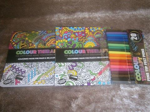 2 Adult Anti-Stress Colouring Books with 20 Colour Therapy Felt Pens - all unused