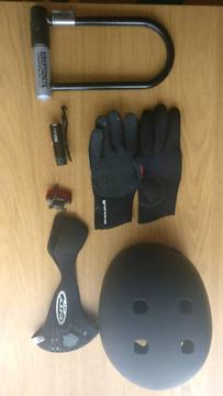 Bicycle accessories- helmet, gloves, back and front.light, locker, mask