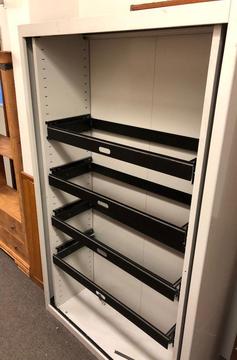FREE - Metal Cabinet / cupboard (no doors) with 4 pull out shelves to hang files on