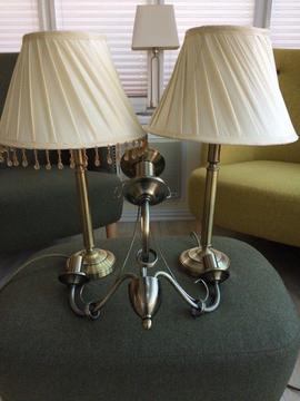 Brushed Copper Light Fitting & 2 Matching Bedside Lamps with Cream Silk Effect Shades