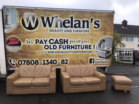 2 2 seater sofas and a pufee in a tan leather Hyde £155