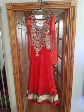 Asian Dress - Coral With Gold/Silver Embroidery Dress Including Bottoms/Scarf