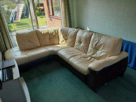 Genuine Leather Corner sofa suite Cream and brown