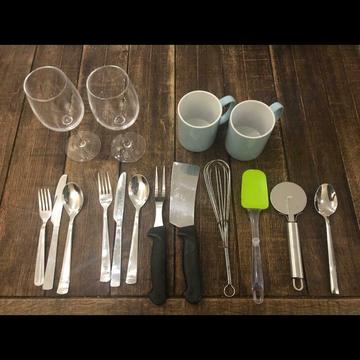 Kitchen utensils, cutlery glasses and mugs