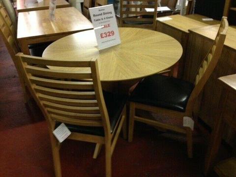 NEW Round pedestal oak effect dining table & 4 chairs with padded seats Only £329