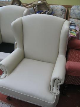 brand new wing chairs in vinyl, four cream, two brown