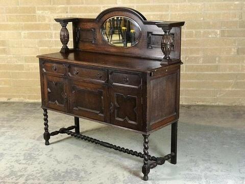 Antique Oak Carved Sideboard With Bevelled Edge Mirror